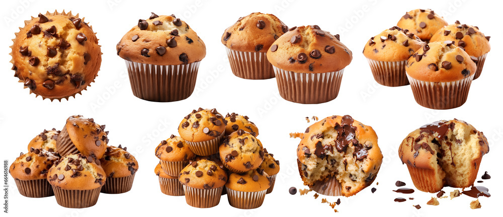 Plain muffin muffins with chocolate chips on transparent background cutout, PNG file. Many assorted different design angles. Mockup template for artwork - obrazy, fototapety, plakaty 