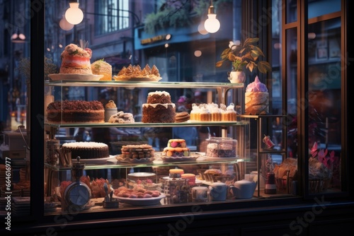Display Case with Cakes and Pastries