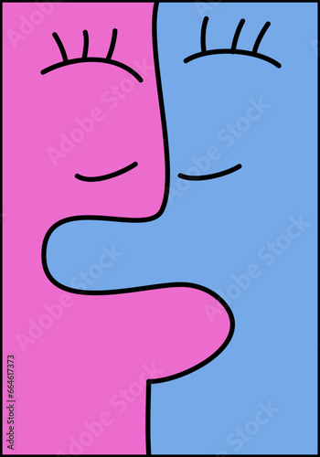 The face of a man and a woman who are kissing like a puzzle. Cartoon vector illustration.