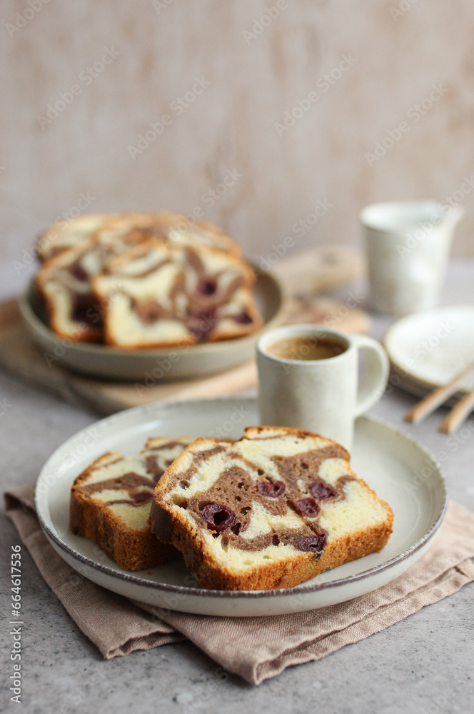 Cherry Chocolate Marble Cake. Cup of coffee. Delicious easy dessert. Cherry Chocolate Marble Cake. Cup of coffee. Delicious easy dessert.