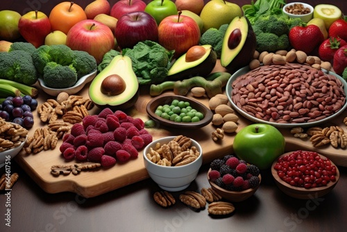 Knolling of high fiber foods   Walnuts  Broccoli  Beans  Berries  Avocado  Popcorn  Apples - AI Generated