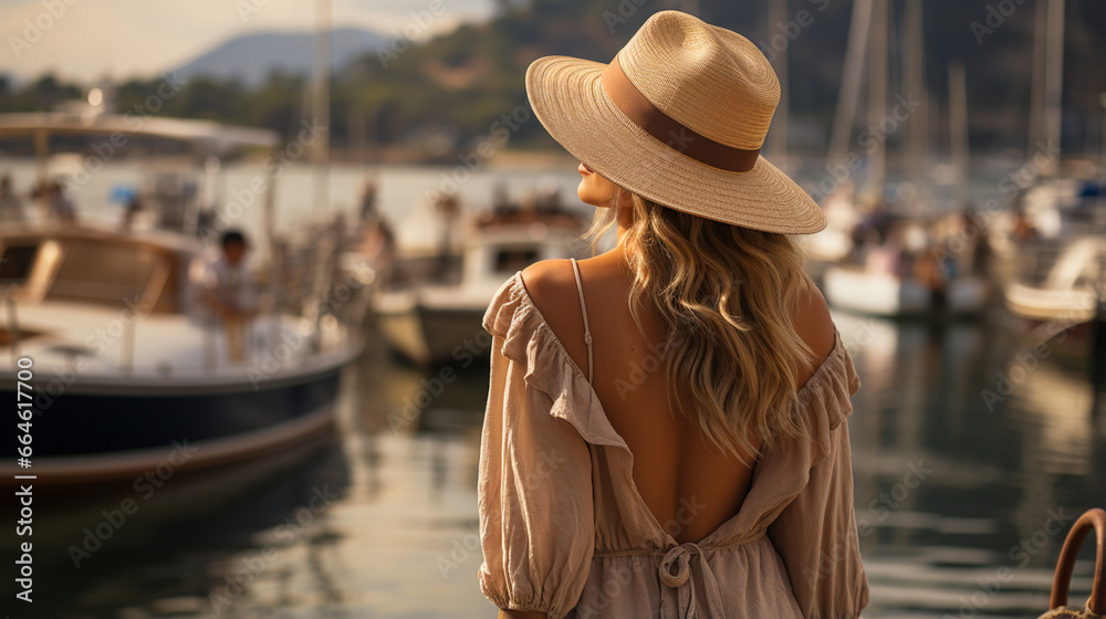 beautiful woman in summer hat and sunglasses posing at sunset on sea background.