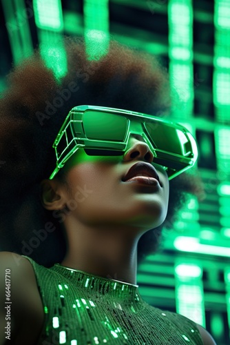 young african ethnicity woman with curly black afro hairstyle at green neon light, stylish female in sunglasses at nightclub, futuristic portrait