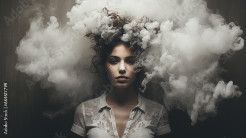 young beautiful girl, portrait in the smoke of the clouds, black background