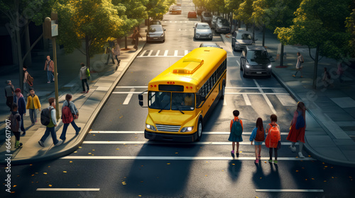 Yellow school bus driving down street next to group of people.