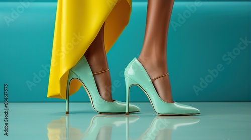 female legs in stylish stiletto shoes, woman feet in high heels, closeup studio shot photo
