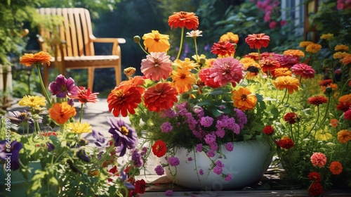 a symphony of colors with a mix of marigolds, zinnias, and cosmos in a lively, outdoor garden setting.
