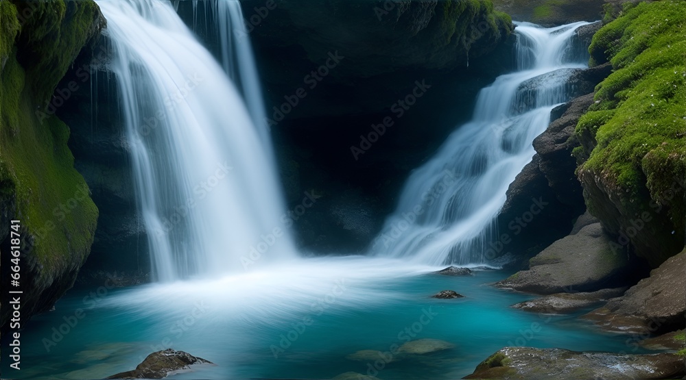 A crystal clear waterfall cascades down a rocky cliff, its pure and transparent waters splashing against the jagged rocks below. A crystal clear waterfall cascades down a rocky cliff, its pure and transparent waters splashing against the jagged rocks below.
