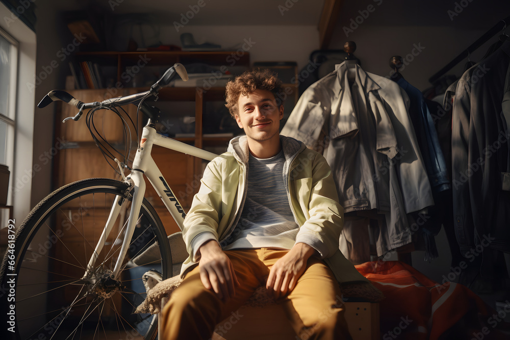 Man in little room full of clothes and a bike Man in little room full of clothes and a bike