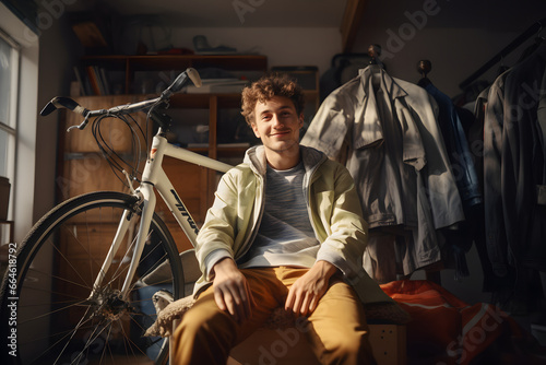 Man in little room full of clothes and a bike