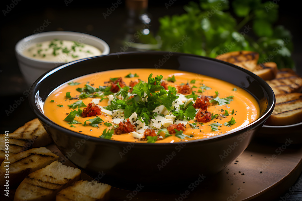  A bowl of tomato soup with cream, ai generative