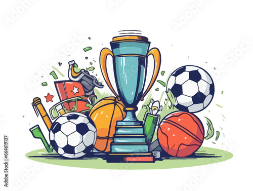 Doodle Trophy with sports equipment, cartoon sticker, sketch, vector, Illustration, minimalistic