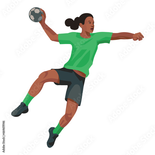 Black women's handball girl player in a green sports uniform jumped high to throw the ball