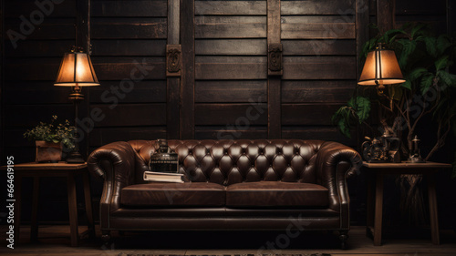 Luxury leather sofa with table lamp on wooden wall background.