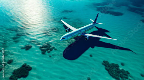 Large jetliner flying over blue ocean next to rocky shore.