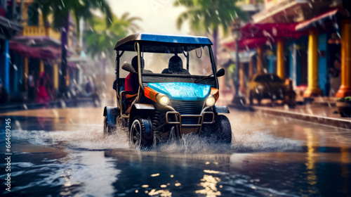 Man drives golf cart through flooded street in tropical setting. © Констянтин Батыльчук