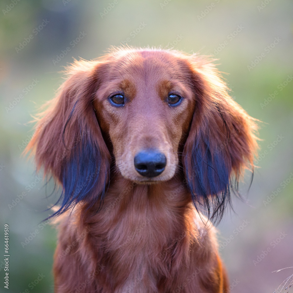 Head of long hair Dachshund dog looking straight at camera with blurred background Head of long hair Dachshund dog looking straight at camera with blurred background