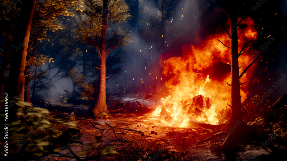 Fire blazing in the middle of forest with trees in the background.
