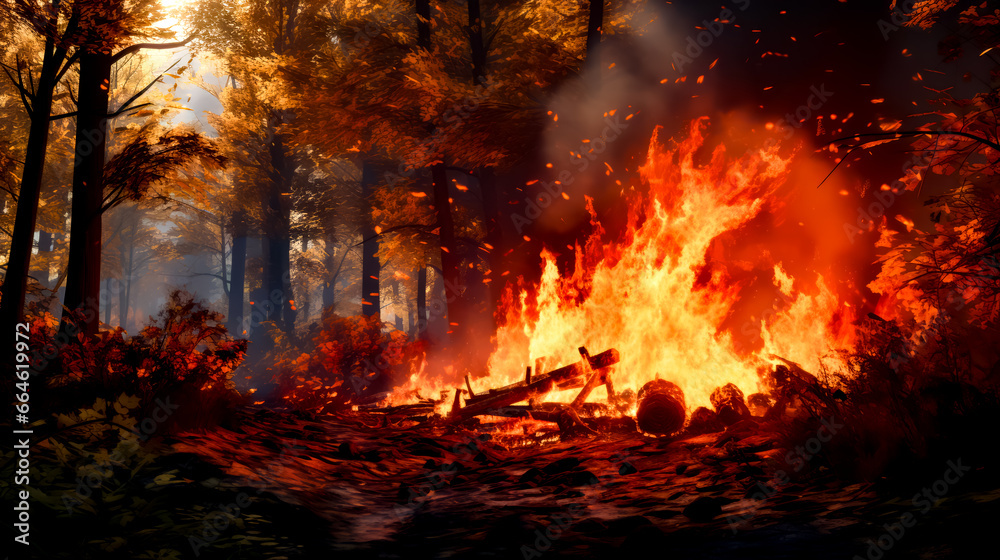 Fire burning in forest filled with lots of red and yellow flames.