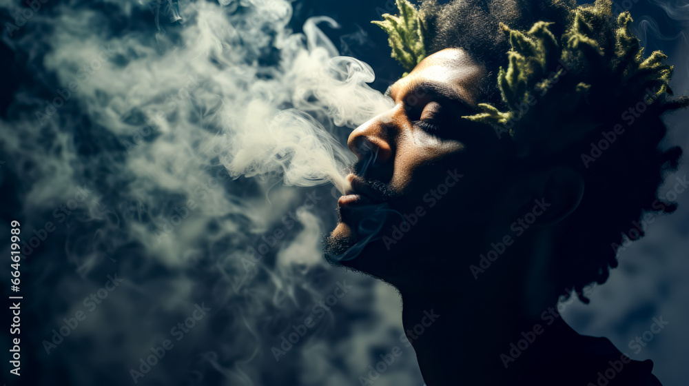 Man with dreadlocks smoking cigarette with smoke coming out of his mouth. Man with dreadlocks smoking cigarette with smoke coming out of his mouth.