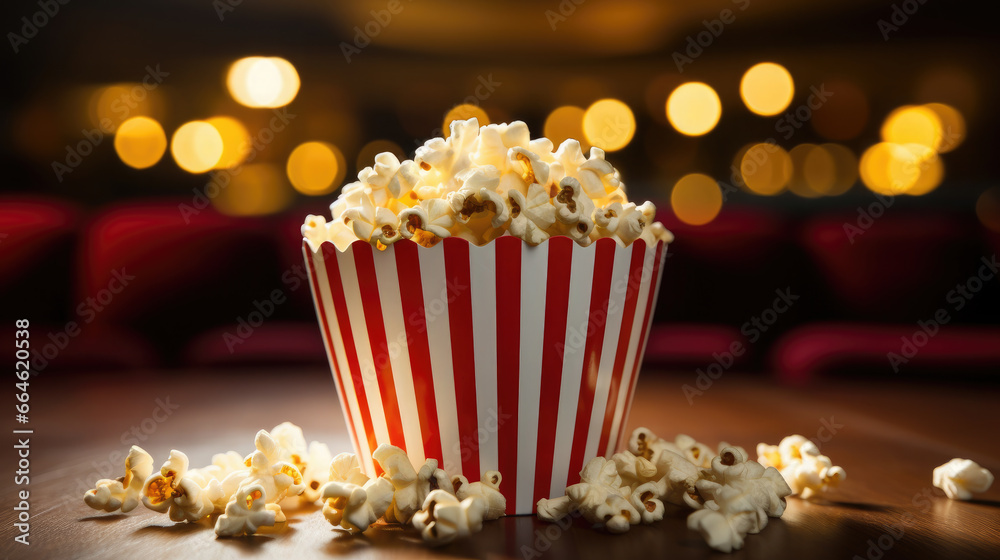 a striped red and white bucket of popcorn stands against the backdrop of a cinema hall, movie, food, day off, snack, fun, entertainment, pack, corn, fast food, film, cafe, lights, treat, bag, party a striped red and white bucket of popcorn stands against the backdrop of a cinema hall, movie, food, day off, snack, fun, entertainment, pack, corn, fast food, film, cafe, lights, treat, bag, party