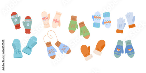 Set of autumn and winter warm knitted fleece fur mittens and gloves for children and women of different styles and colors. Vector illustration on white isolated background in flat style.