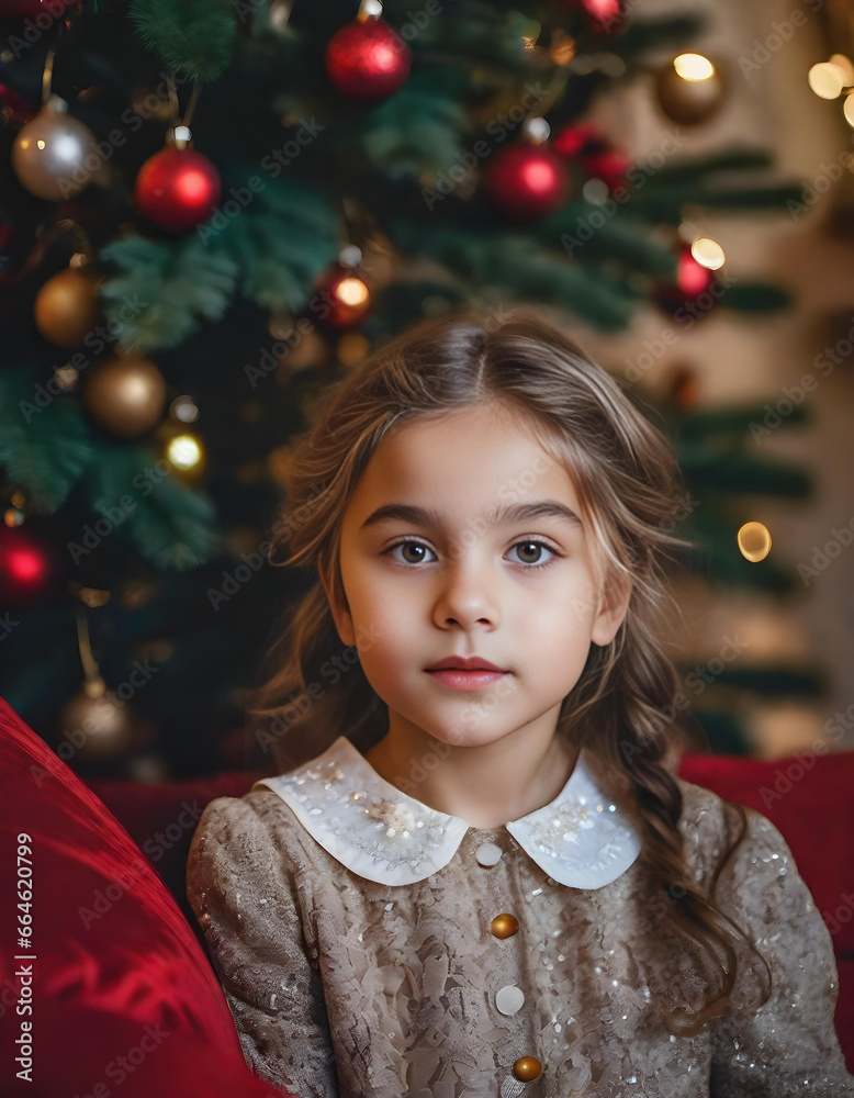 cute little girl in front of a christmas tree. generative ai cute little girl in front of a christmas tree. generative ai