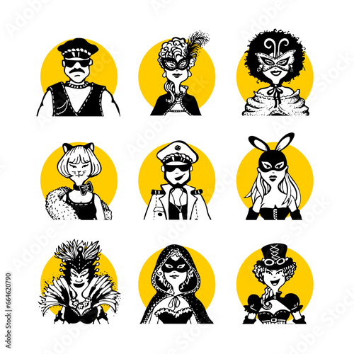Collection of 24 comic faces and people characters in yellow circle avatar drawing style. Gay, Lesbian, Bisexual and Transgender Activist Group LGBTQ, Queer, Straight