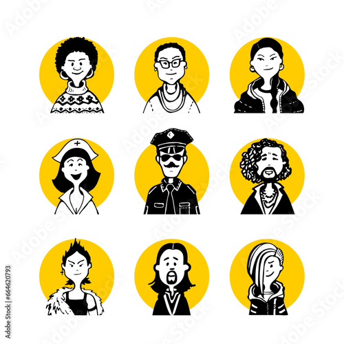 Collection of 22 comic faces and people characters in yellow circle avatar drawing style. Gay, Lesbian, Bisexual and Transgender Activist Group LGBTQ, Queer, Straight