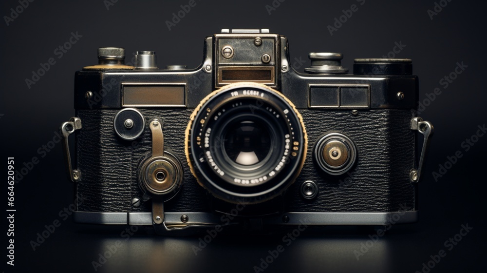 A vintage film camera on a jet-black surface.