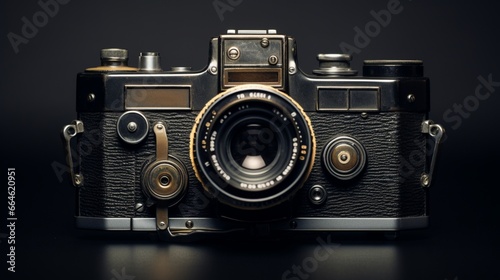 A vintage film camera on a jet-black surface.