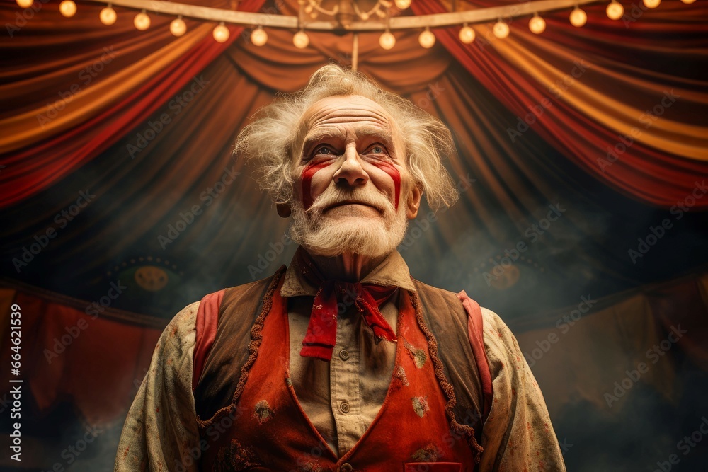 Obraz premium Charismatic Circus tent arena performer old man. Poster show. Generate Ai