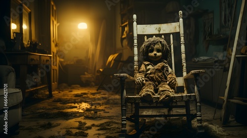 a doll sits in a rocking chair in a creepy room