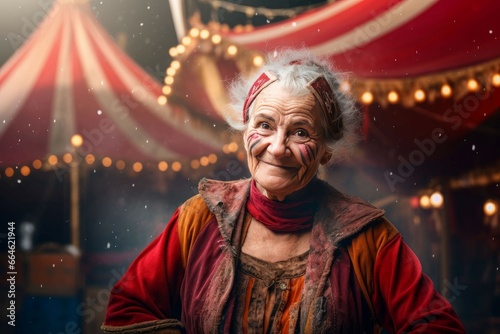 Circus tent arena performer old woman. Poster model. Generate Ai © juliars