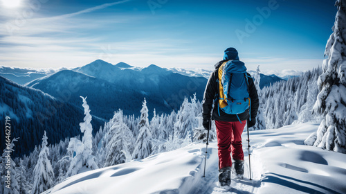 Winter hiking in the mountains on snowshoes with a backpack and tent.