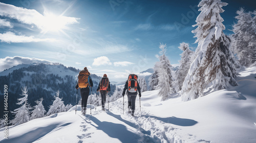 Hikers with backpacks walking on snow covered trail in the mountains