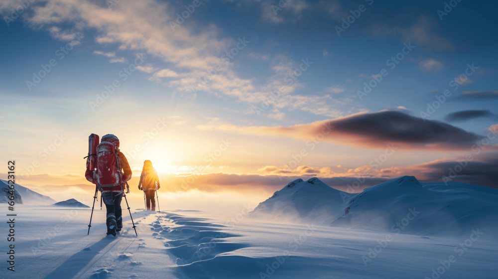 Hikers with backpacks hiking in winter mountains at sunset. Sport and active life concept.