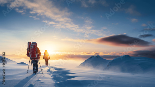 Hikers with backpacks hiking in winter mountains at sunset. Sport and active life concept.