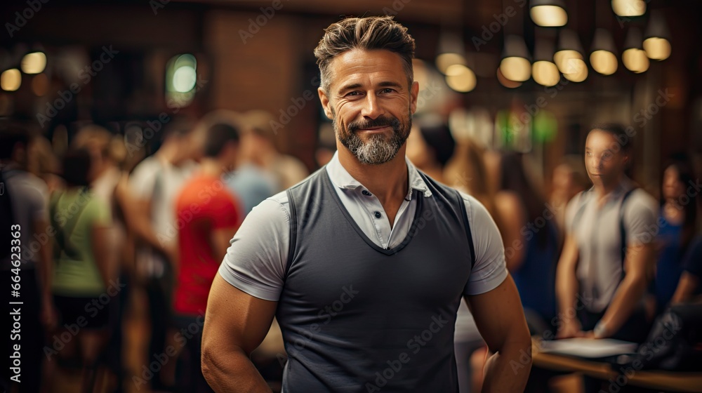 Fototapeta premium Smiling man in crowd, emanating confidence amid bustle.