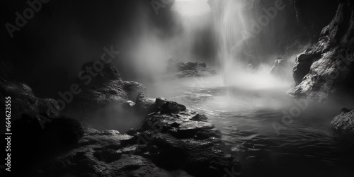 thermal spring, focus on textures and steam, mystery
