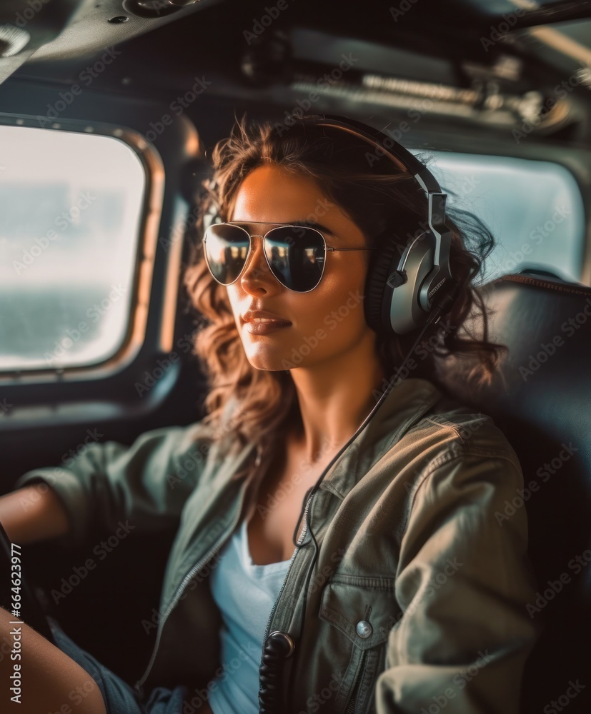 Perfect woman smiling while flying a helicopter and enjoying the views Perfect woman smiling while flying a helicopter and enjoying the views