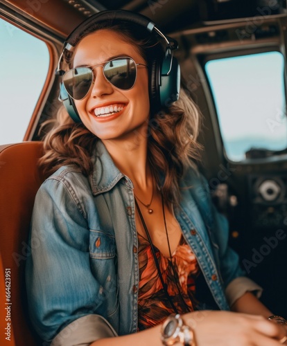 Perfect woman smiling while flying a helicopter and enjoying the views © aboutmomentsimages