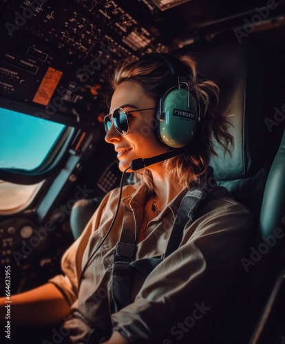 Perfect woman smiling while flying a helicopter and enjoying the views
