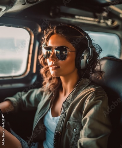 Perfect woman smiling while flying a helicopter and enjoying the views