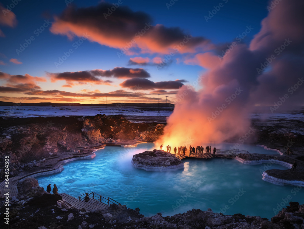 Naklejka premium Thermal spring complex in Iceland, geysers erupting, people enjoying in pools