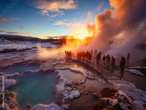 Thermal spring complex in Iceland, geysers erupting, people enjoying in pools