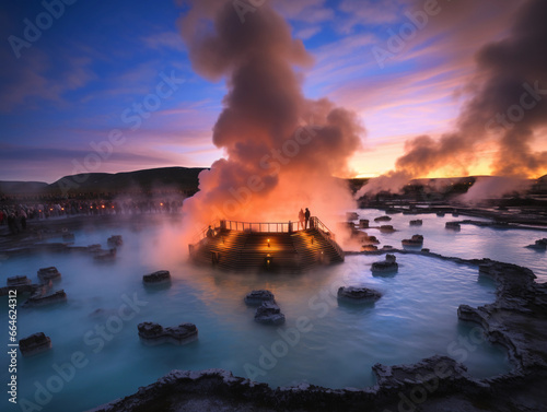 Thermal spring complex in Iceland  geysers erupting  people enjoying in pools