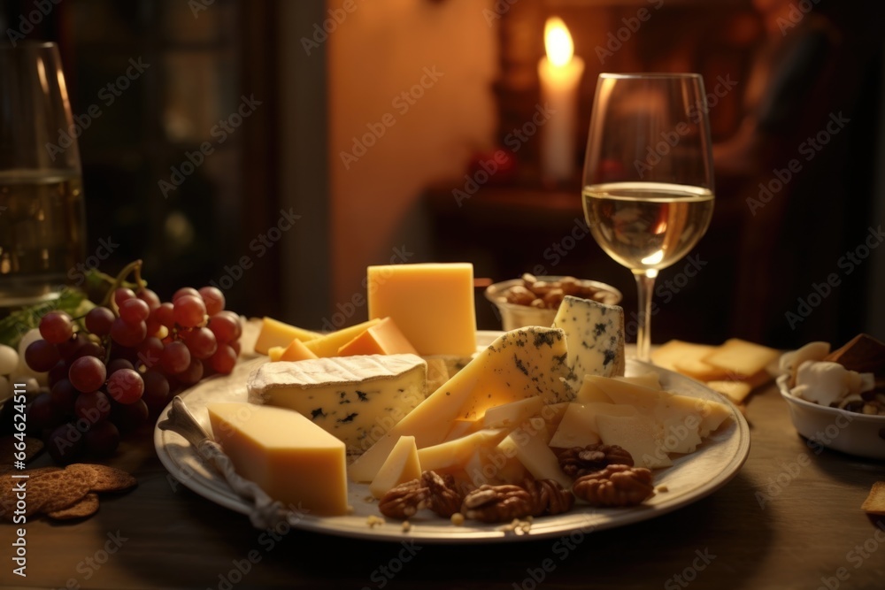 Cheese and Wine Platter with Crackers, Grapes, and Nuts