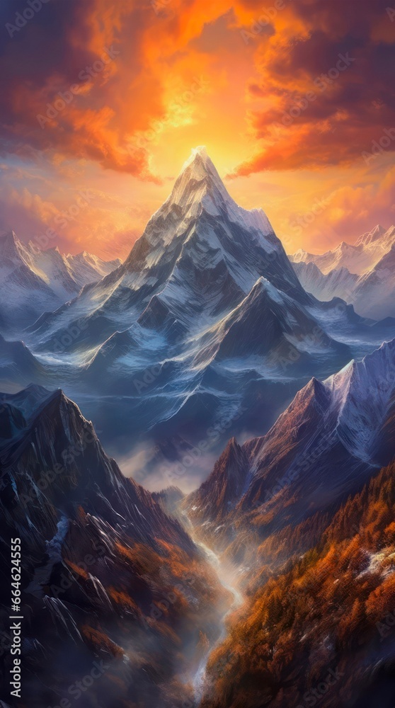 Incredible landscape of snowy mountain in the light of setting sun. - obrazy, fototapety, plakaty 