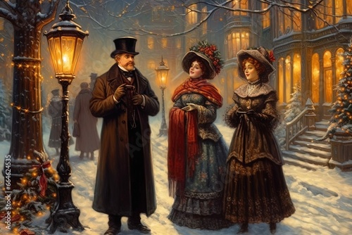 people in winter clothes singing Christmas songs on street